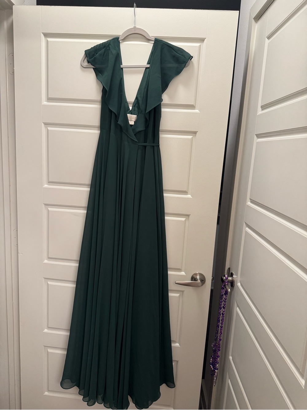 Jenny Yoo Dark Emerald V-Neck Chiffon Ruffle Gown
